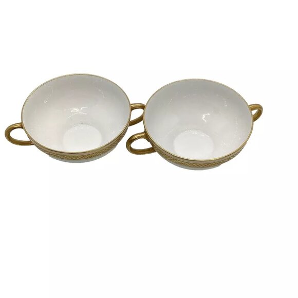 2 Limoges France W.G. & Co. Footed Bouillion Soup Cups Gold Bands Pattern GUE119 - Picture 2 of 11